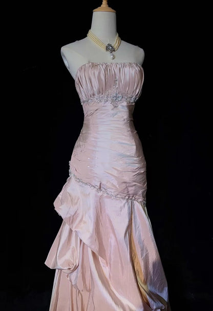 Robes de bal vintage sirène à fines bretelles en taffetas rose clair avec perles argentées années 50 longue robe de soirée N2597