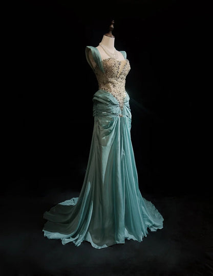 Vintage Prom Dresses Mermaid Strapless With Lace Pleated Beading Long Formal Dress N2462