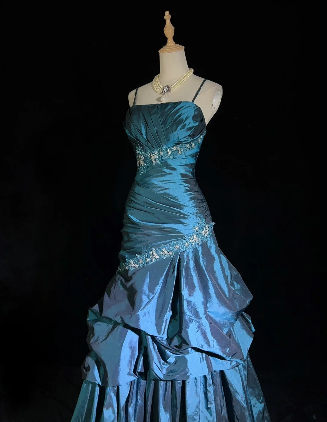 Robes de bal vintage Robe de soirée à fines bretelles bleu sarcelle sans manches en taffetas Robe de soirée longue des années 90 N2893