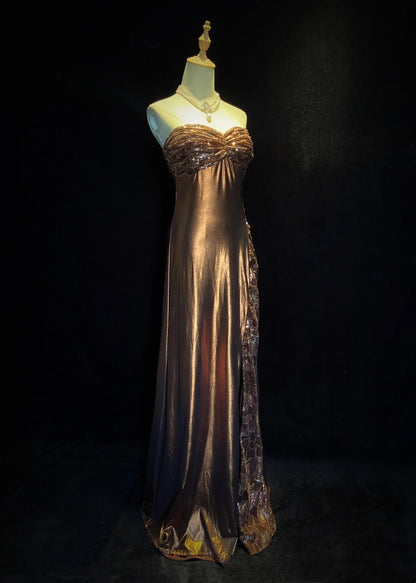 Vintage Abschlussballkleider Inspo A-Linie Sweetheart Braun Satin Lang 1990er Mit Pailletten Formelle Kleider N3345