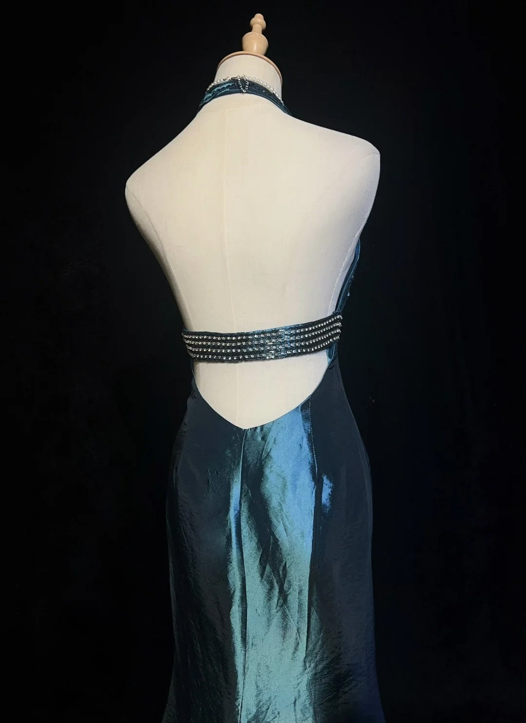 Robes de bal vintage sirène dos nu col en V bleu marine années 1990 longue robe de soirée N2642