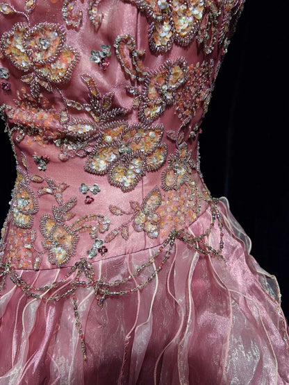 Prinzessinnen Ballkleid Trägerlos Rosa Tüll Stufenrock Abendkleid Langes Quinceañera Kleid N3286