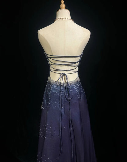 Beautiful Prom Dresses A line Strapless Navy Blue With Beaded Backless Long Formal Evening Outfits N3675