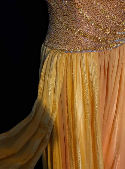 Vintage Abschlussballkleider A-Linie, eckiger Ausschnitt, gelb, plissiert, 70er Jahre mit Perlen, Abendkleid N2535