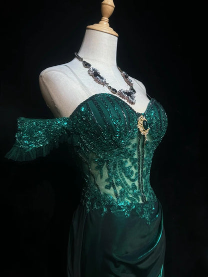Robes de bal modestes d'inspiration sirène, épaules dénudées, vert émeraude foncé, fente, dentelle, robes de soirée longues années 80 N3389