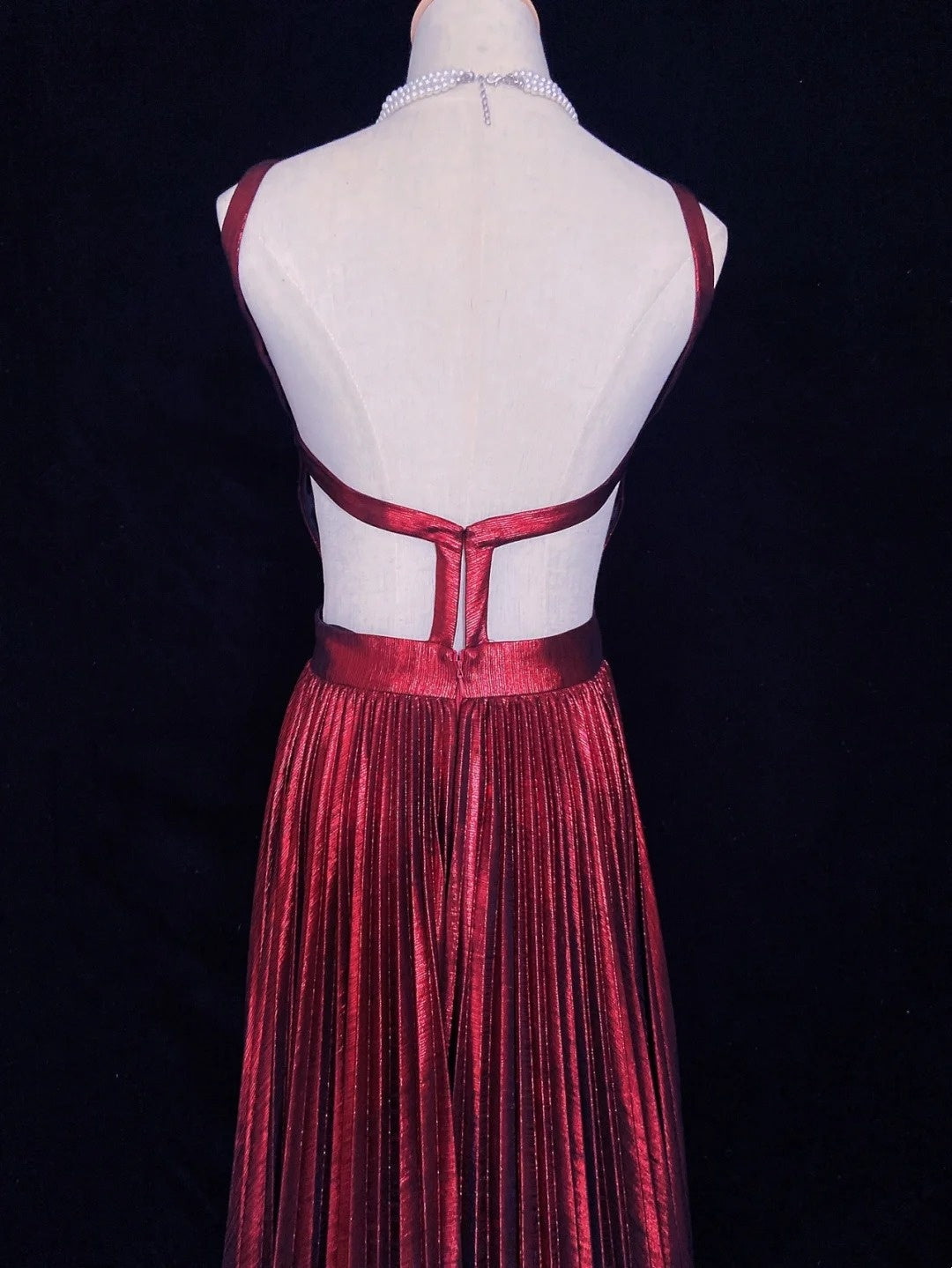 Vintage Abschlussballkleider 80er Jahre A-Linie Spaghettiträger Burgund Rückenfrei Lang Halbformelle Abendkleider N3647