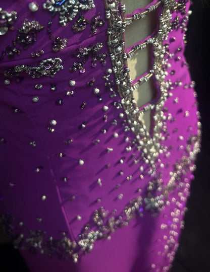 Vintage Prom Dresses A Line Spaghetti Strap Grape Chiffon With Beading Split Long Formal Dress N2456