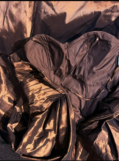 Vintage Meerjungfrau-Abschlussballkleider mit Spaghettiträgern, braunem Satin, 80er Jahre, lange formelle Abendgarderobe N3876