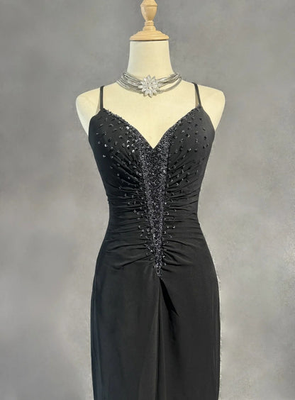 Vintage Prom Dresses Meerjungfrau Spaghettiträger Abendkleid Chiffon 70er mit Perlenstickerei Rückenfrei Langes Abendkleid N2520