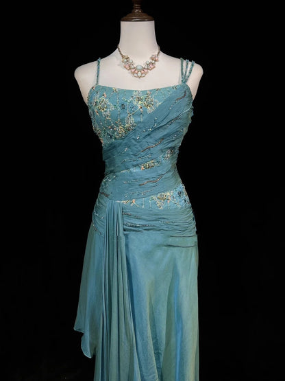 Vintage Abschlussballkleider A-Linie 2000er Spaghettiträger Blau Chiffon Mit Perlen Spitze Langes Abendkleid N2459