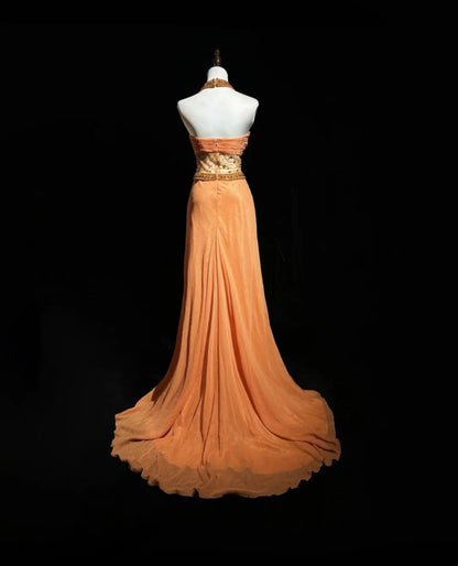 Vintage Prom Dresses Mermaid Halter Orange With Ruffle Beads Chiffon 90s Formal Gown N2587