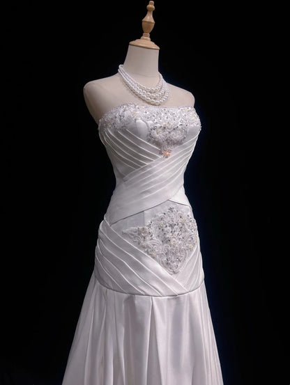Robes de bal vintage des années 90 sirène bustier en mousseline blanche avec perles à volants longue robe de bal N3036