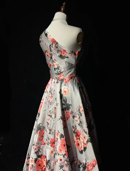 Vintage Prom Dresses A line One Shoulder Satin Floral 1980s Long Formal Evening Gown N2626