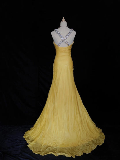 Wunderschöne Abschlussballkleider Meerjungfrau Spaghetti-Träger Gelber Chiffon mit Perlenbesatz Lange Abendgarderobe N3325