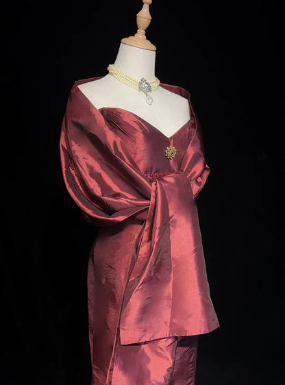 Glamouröse Ballkleider Meerjungfrau schulterfrei Rostrot mit Perlen Abendkleid N2874