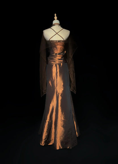 Idées de robes de bal vintage sirène à fines bretelles marron avec perles robe de soirée longue années 80 N2738