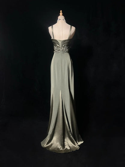 Vintage Prom Dresses A Line Spaghetti Strap Green Satin With Beading Long Formal Dress N2503