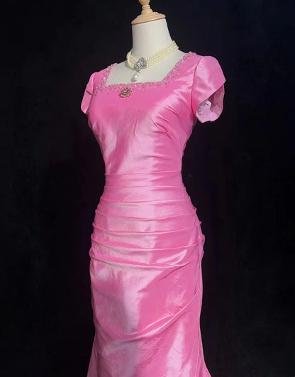 Vintage Prom Dresses Mermaid Square Neck Pink Satin With Ruffles Short Sleeves Long Formal Dress N2502