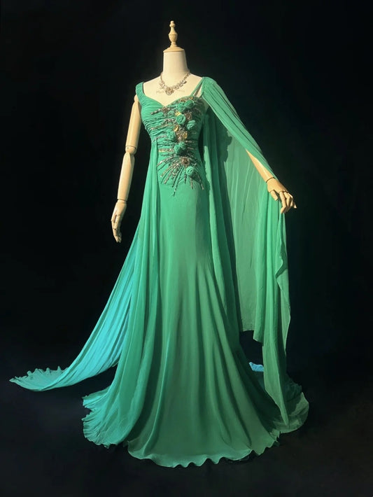 Elegantes Meerjungfrauen-Abendkleid mit One-Shoulder, grünem Chiffon und silbernem Perlenoberteil, langes Ballkleid N2726