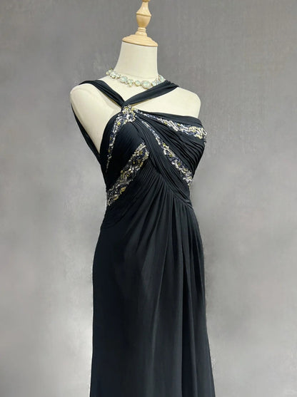 Modest Prom Dresses A Line Halter Black Chiffon Backless Floor Length Formal Evening Outfits N3484