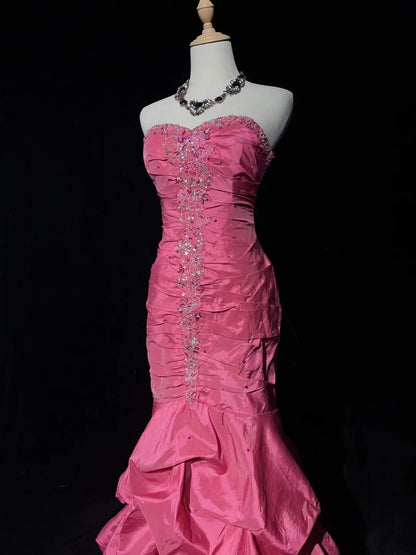 Vintage Ballkleider Meerjungfrau Sweetheart Rosa Satin Mit Stufenrock 90er Langes Abendkleid N2916