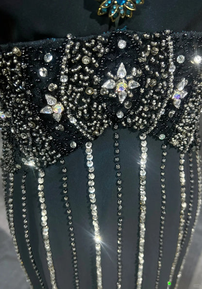 Vintage Ballkleider 1980er Meerjungfrau Neckholder Schwarz Chiffon mit Perlen Langes Ballkleid N3122
