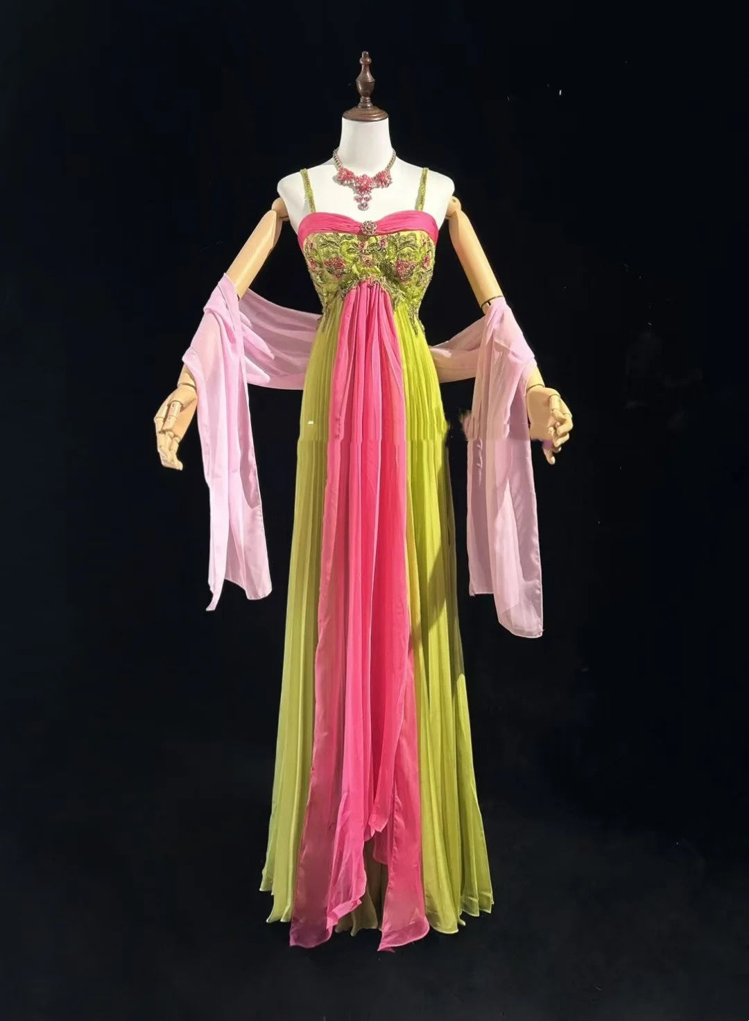 Vintage Prom Dresses A line Spaghetti Strap Pink Green Chiffon With Beading 1960s Long Formal Gown N2610