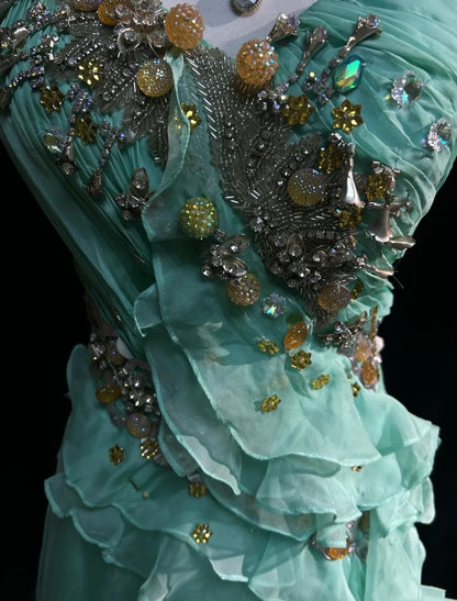 Vintage Prom Dresses A-Linie One-Shoulder Mintgrün 70er Jahre mit Rüschen Chiffon Langes Formelles Partykleid N2525