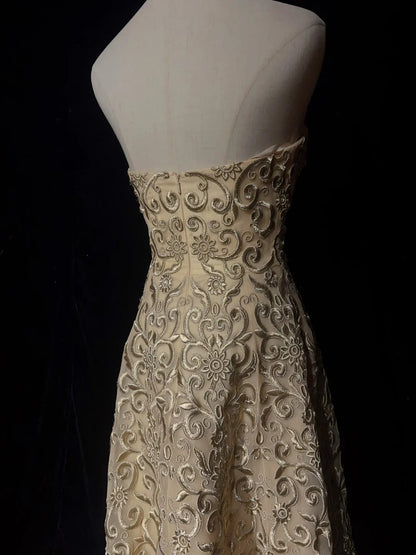 Robes de bal vintage en dentelle dorée sans bretelles sans manches des années 1990, longue robe de soirée formelle N2639