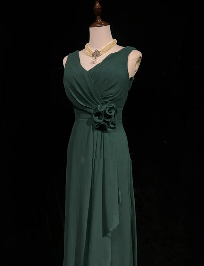 Robes de bal simples, ligne A, col en V, vert foncé, mousseline, longueur au sol, robe de soirée formelle à volants N3686