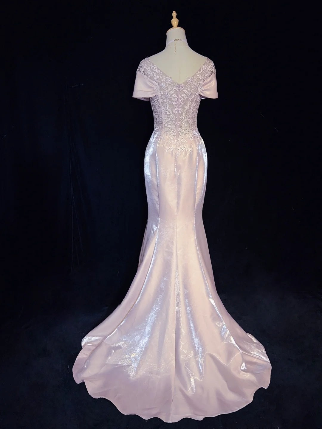 Robes de Bal Vintage, Inspiration Sirène, Épaules Dénudées, Satin Rose Années 80 avec Dentelle, Robes de Soirée N3374