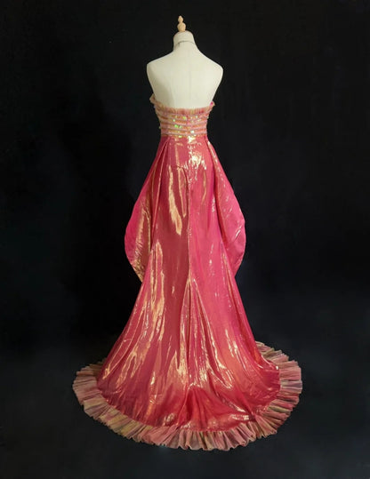 Robes de bal glamour Sirène Rose Cœur Haut-Bas avec Perles Robe Formelle N2887