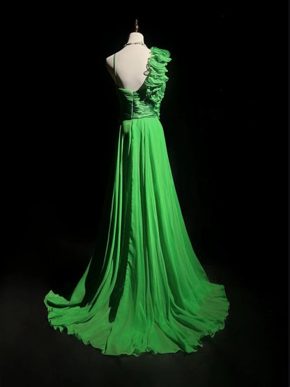 Green Prom Dress Inspo A Line Asymmetrical Spaghetti Straps With Flowers Birthday Outfits Formal Party Gown RC0106