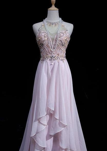 Vintage Ballkleid-Ästhetik Kleider A-Linie Schmuck Perle Rosa Chiffon Mit Perlen Lang Formales Kleid N3033