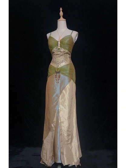 Robes de bal modestes d'inspiration sirène, bretelles spaghetti, mousseline verte avec perles, robes de soirée longues années 80 N3409