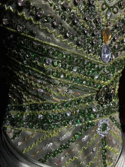 Vintage Prom Dresses Mermaid V Neck Sage Green Sleeveless Satin With Beading 1980s Long Formal Gown N2865