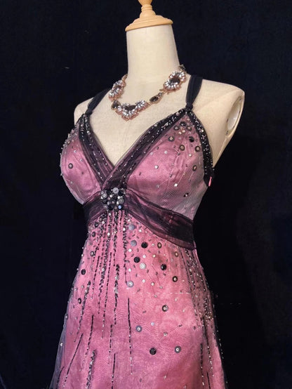 Zeitlose Prom-Kleider A-Linie Spaghettiträger Schwarz Tüll Tee-Länge mit Perlen Homecoming-Kleid N3255