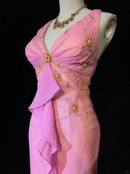 Bescheidene Ballkleider Inspo Meerjungfrau V-Ausschnitt Rosa Chiffon mit Rüschen-Perlenstickerei für Damen Festliches Kleid N3231