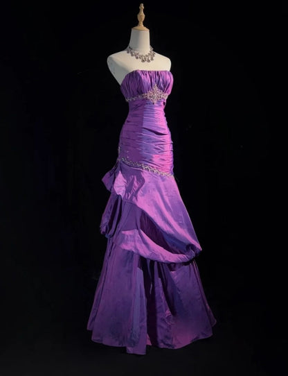 Vintage Abschlussballkleider Meerjungfrau Trägerlos Taft Lila Mit Perlen 1980er Jahre Langes Abendkleid N2625