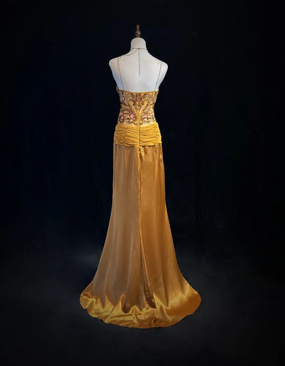 Robes de bal vintage Sirène Bretelles fines Dorées avec volants Perles Mousseline Robe de soirée années 90 N2588