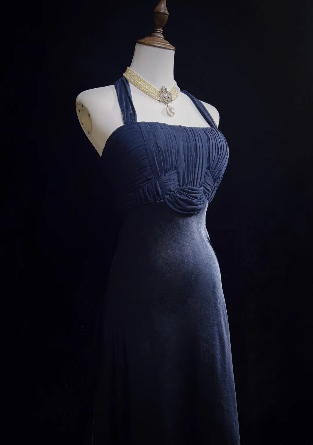 Vintage Abschlussballkleider Meerjungfrau Neckholder Marineblau Chiffon Satin 1990er Festliches Abendkleid N2655