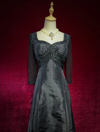Charmantes robes de bal, robes de soirée avec cravate noire, brodées de perles, manches longues, tenues de soirée formelles N3694