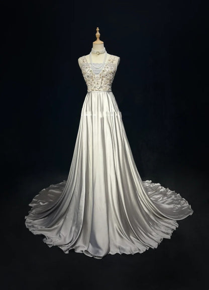Robes de bal vintage en satin argenté, coupe trapèze, col en V, avec perles, longue robe de soirée N2454