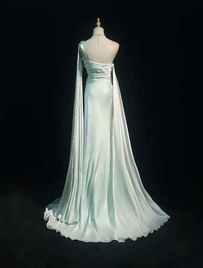 Belles Robes de Bal Trapèze Asymétrique Épaule Gauche Mousseline de Soie Vert Clair Ornée de Cristaux Longues Robes de Soirée Formelles N3678