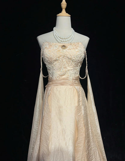 Robes de bal vintage en forme de A à bretelles spaghetti couleur champagne avec manches longues Robe de soirée années 90 N3001