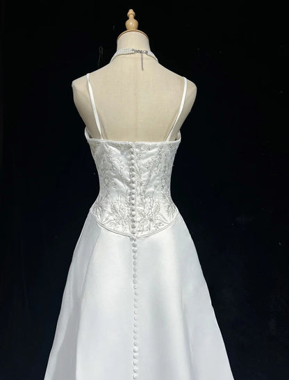 Vintage A line Spaghetti Strap Satin With Beads Sleeveless White Long Wedding Dresses RB3955