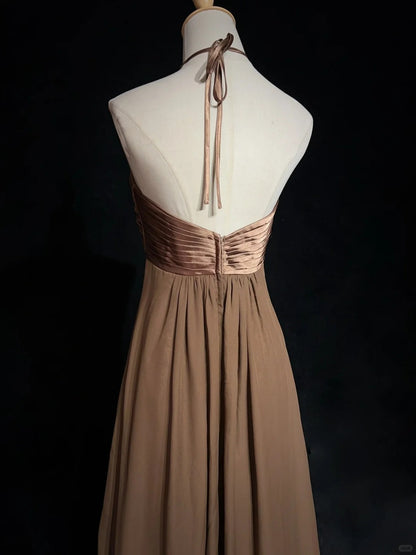 Robes de Bal Vintage, Coupe Droite, Col Halter, Marron, Sans Manches, Mousseline, Années 80, Longue Robe de Soirée N2759