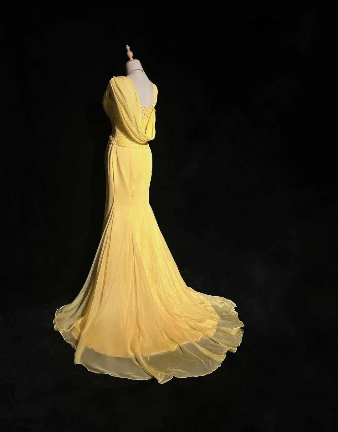Robes de bal vintage sirène jaune mousseline avec applications années 80 longue robe de soirée N2733