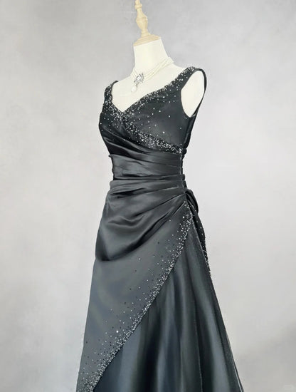 Vintage 90s Prom Dresses Ball Gown V Neck Black With Silver Beading Long Prom Gown N3022