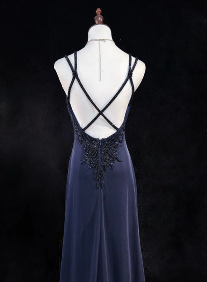 Robes de bal vintage des années 80, coupe trapèze, fines bretelles, en satin bleu marine, longues avec perles, tenues de soirée N3133